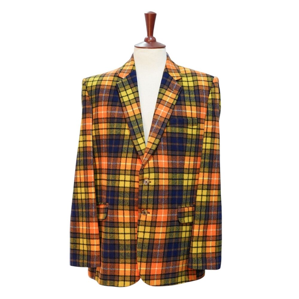 Mens Wool Sport Coat 44R Orange Yellow Blue Plaid Blazer 2 Button Wedding Formal